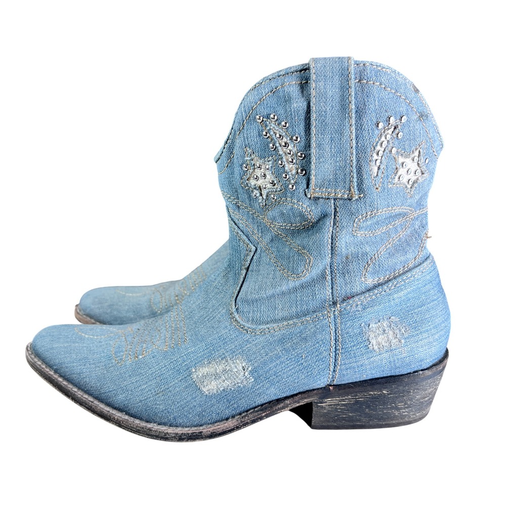 Zigi Soho Denim Western Cowboy Boots Star Rhinestone Y2K Womens 10 - Picture 3 of 11